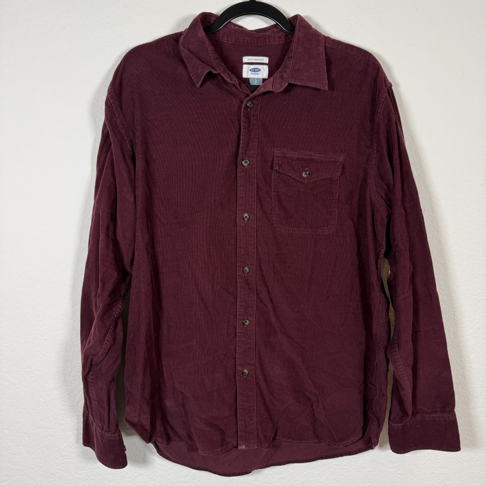 OLD NAVY Mens Large Slim Fit Corduroy Shirt Burgundy Maroon Long Sleeve Cotton L